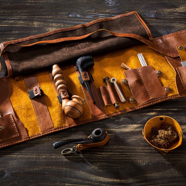 travel leather pipes bag, birthday gift for husband, personalized pipe pouch, leather pipe roll, travel tobacco pouch, smoking accessories