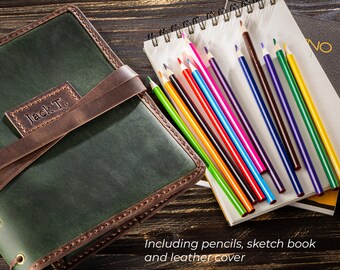 Drawing Sketchbook and Pencils and Leather Cover, Christmas Gifts