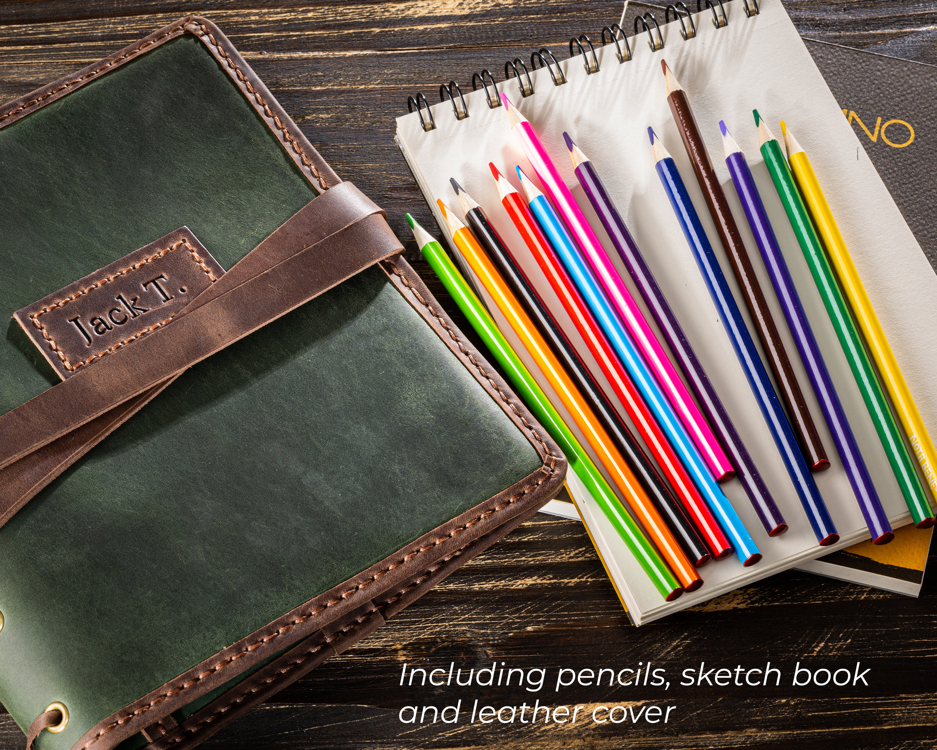 Drawing Sketchbook and Pencils and Leather Cover, Christmas Gifts