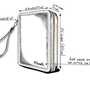 May include: A black leather wallet with a gold zipper and a wrist strap. The wallet measures 16.8 cm by 23.5 cm. The text "Mureli" is printed on the front of the wallet. The text "Add your name or initial or logo" is written below the wallet.