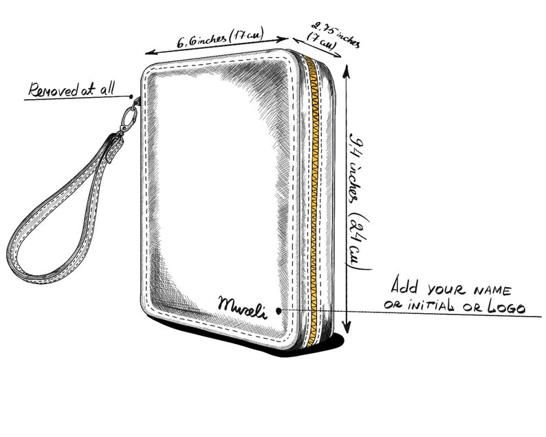 May include: A black leather wallet with a gold zipper and a wrist strap. The wallet measures 16.8 cm by 23.5 cm. The text "Mureli" is printed on the front of the wallet. The text "Add your name or initial or logo" is written below the wallet.