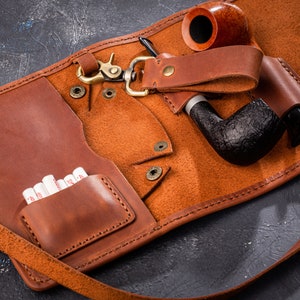 leather case for pipe smokers set, tobacco smokers gift, smokers kit case, pipe holder, travel leather pipe tobacco pouch, leather pipe case image 4