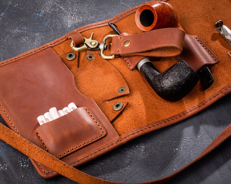leather case for pipe smokers set, tobacco smokers gift, smokers kit case, pipe holder, travel leather pipe tobacco pouch, leather pipe case image 4
