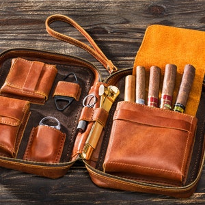 Engraved Copper Leather Cigar Case – Travel Holder for 4-5 Cigars – Personalized 3rd Anniversary Gift – Father’s Day or Boss Gift – Handmade