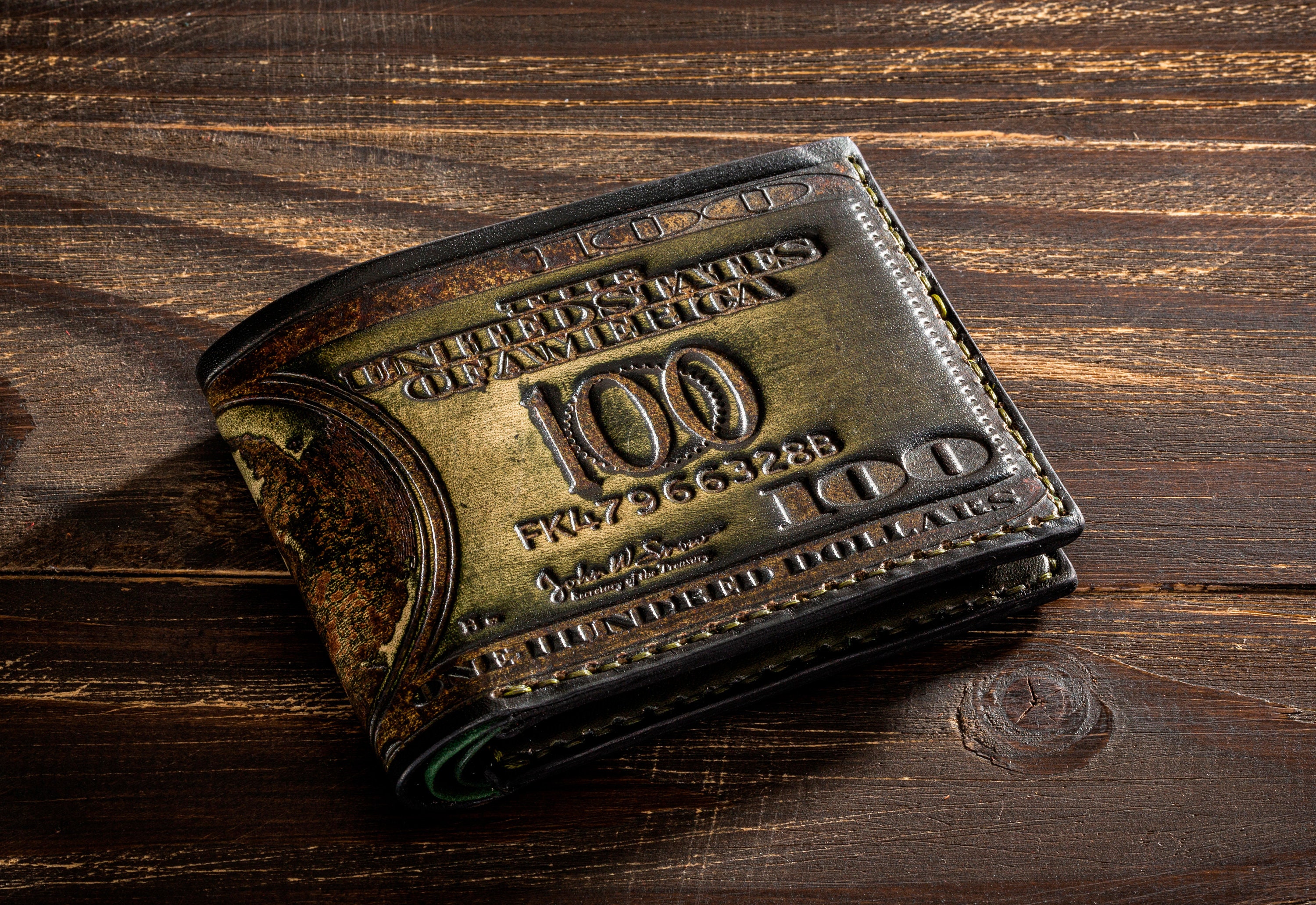Men's US 100 Dollar Bill Leather Bifold Card Photo Holder Wallet