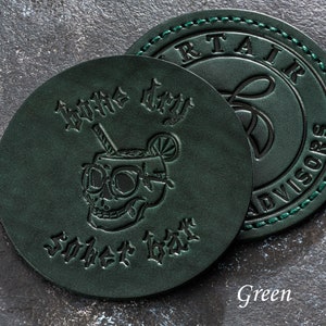 green leather coasters with custom logo