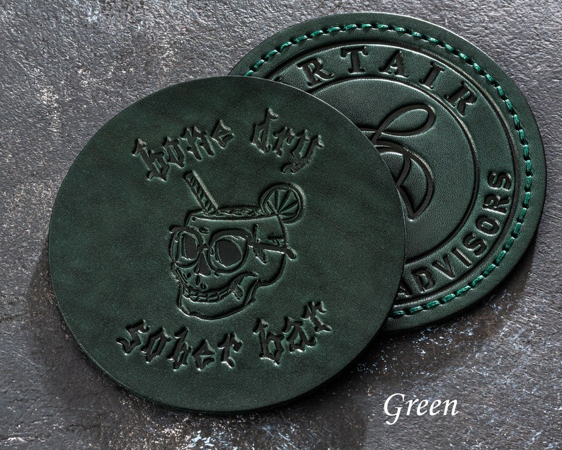 green leather coasters with custom logo