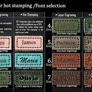 May include: Image showcasing laser engraving and hot stamping options for leather tags. Examples include names like James, Maria, and Olivia, displayed in various fonts and colors. The image highlights the differences between the two methods.