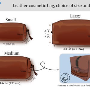 May include: Brown leather cosmetic bags in three sizes: small (7.8 in long, 3.5 in high, 4.5 in wide), medium (8.6 in long, 3.9 in high, 5.1 in wide), and large (11 in long, 4.7 in high, 6.2 in wide). Each bag has a zipper and a handle.