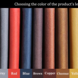 May include: A color palette of leather samples in various shades, including black, gray, red, blue, brown, copper, chestnut, yellow, and green. The text "Choosing the color of the product's leather" is displayed at the top, with color names below.