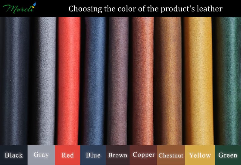 May include: A color palette of leather samples in various shades, including black, gray, red, blue, brown, copper, chestnut, yellow, and green. The text "Choosing the color of the product's leather" is displayed at the top, with color names below.