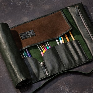 Genuine leather tool wrap with extra length for larger knitting supplies
