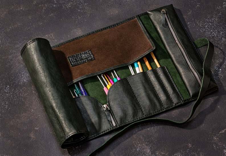 Genuine leather tool wrap with extra length for larger knitting supplies