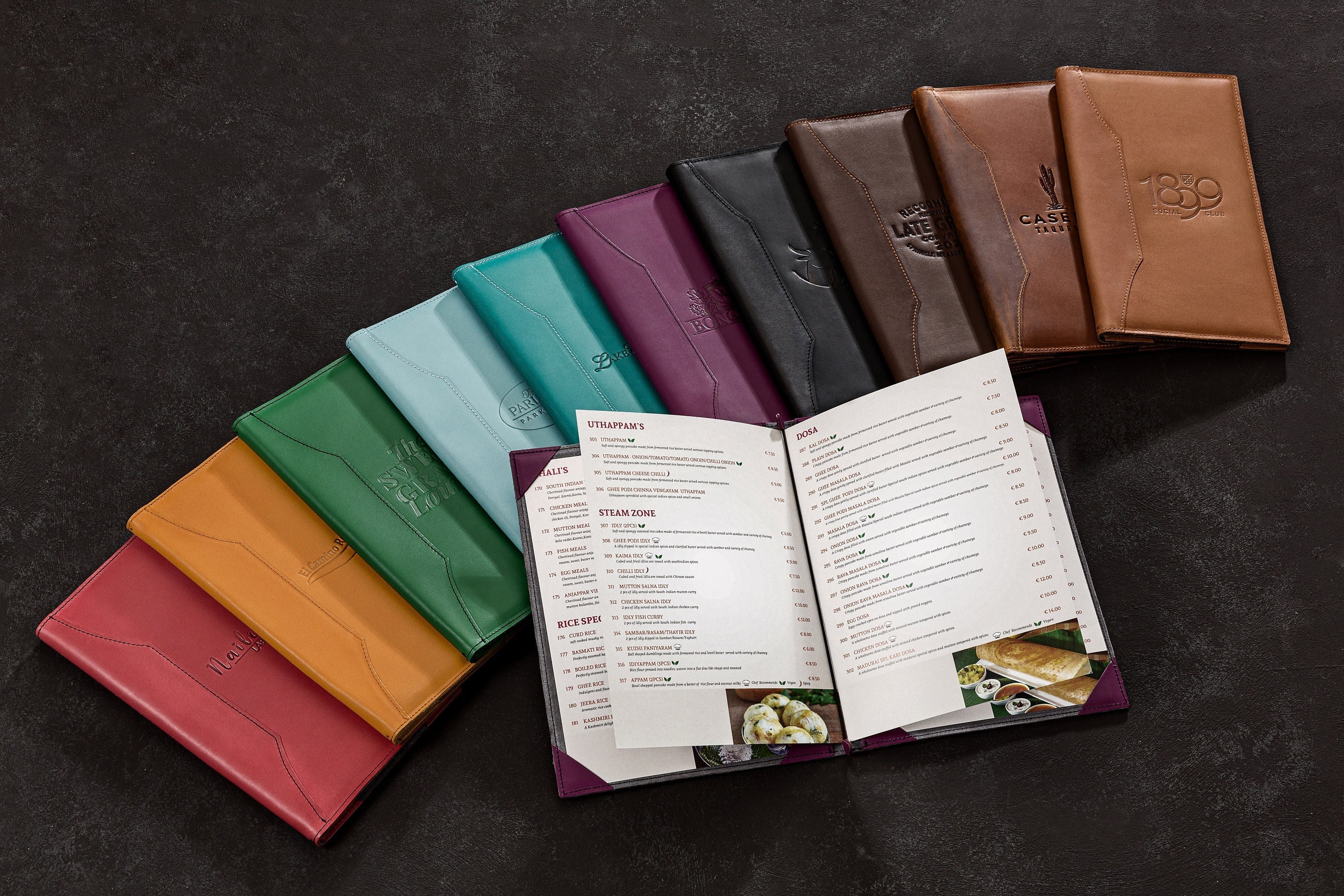 leather menu cover 8.5x11 | wine | bar | hotel | guest Sizes with restaurant logo, leather menu book 8.5x11 Collection 2023 | 10 Colors