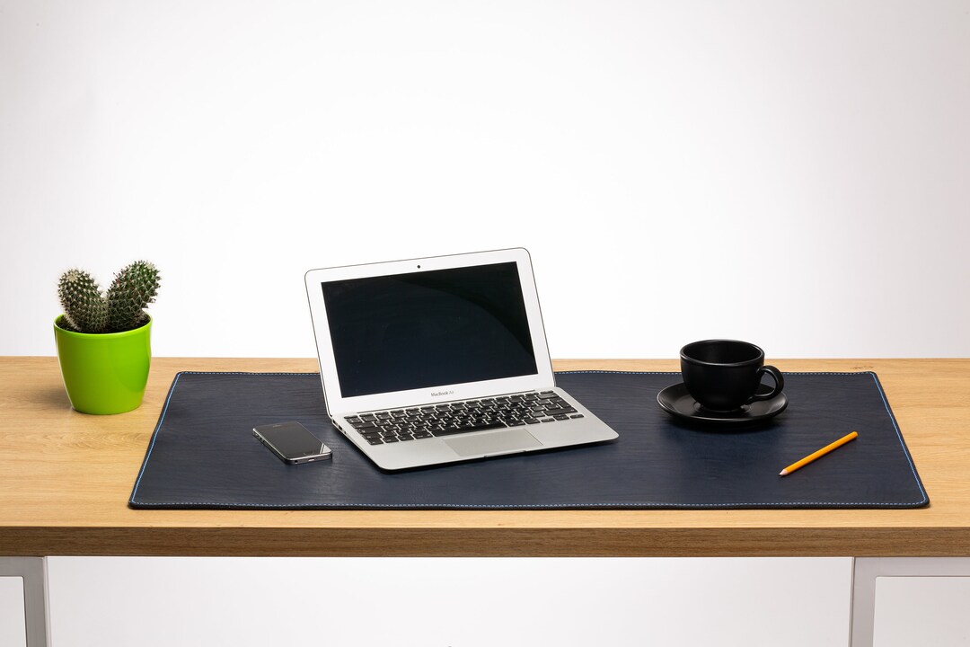 Navy Blue Leather Desk Mat, Protective Leather Pad, Personalized Table