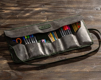 personalized leather pencil roll, pens roll, artist gift, painter gifts