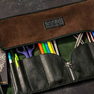 Travel leather craft roll with suede lining, handmade for crafters