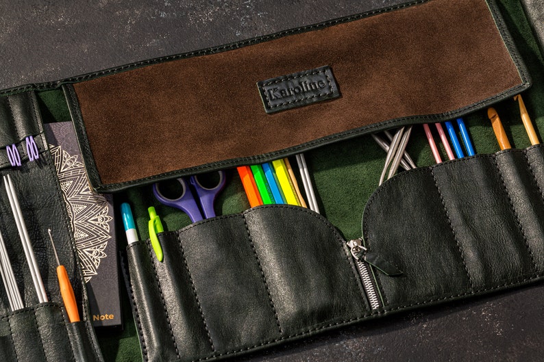 Travel leather craft roll with suede lining, handmade for crafters