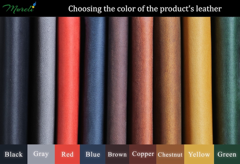 May include: A color palette of nine vertical leather strips labeled Choosing the color of the product's leather, featuring black, gray, red, blue, brown, copper, chestnut, yellow, and green colors with corresponding text labels at the bottom.