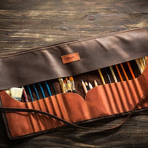 artist gift large leather brush roll up professional artist roll personalized paint roll brown brush holder