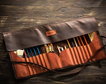 Organizador enrollable de pinceles en cuero / Estuche de herramientas para pintores profesionales / Soporte duradero para pinceles de arte / Hecho a mano por Mureli