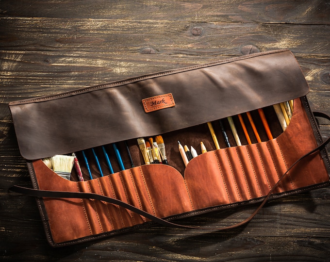Brush Roll Up Organizer in Leather | Artist Tool Case for Professional Painters | Durable Holder for Art Brushes | Handmade by Mureli