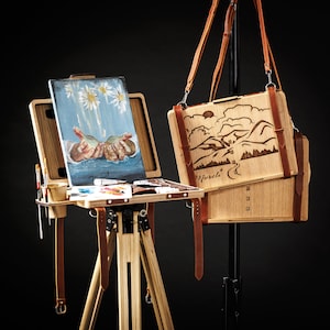 Travel Art Easel | Handmade Wood and Leather Organizer | Tripod-Friendly Plein Air Easel by Mureli| Artist Travel Gift |Outdoor Artist Easel