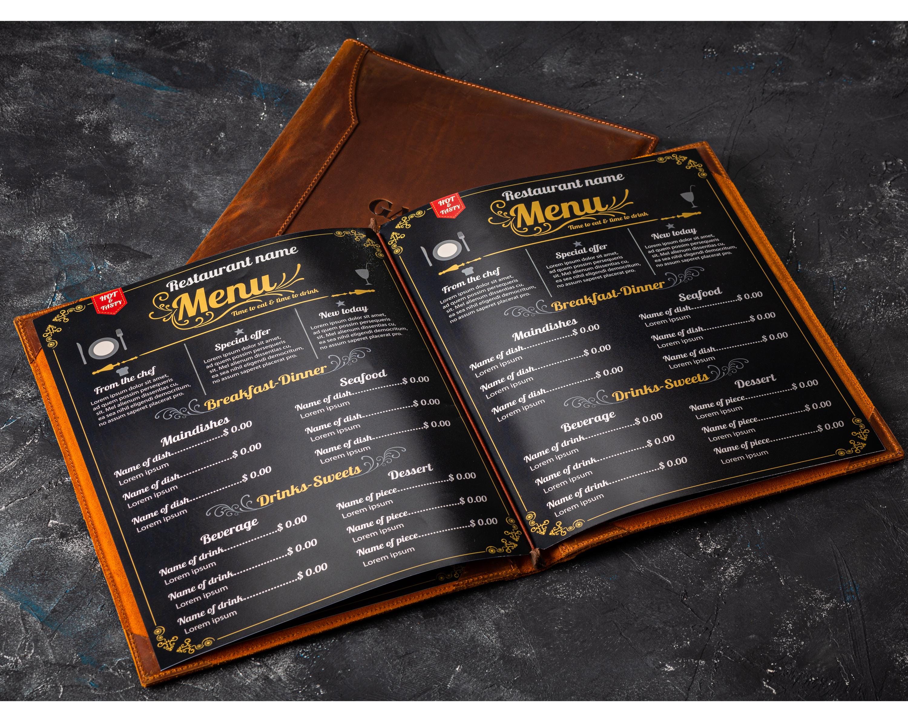 Menu Corners Personalized Leather Menu Cover With 4 Corner Page Holders Custom Menu ...