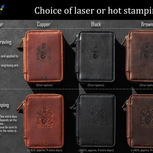 May include: Leather zippered wallets in copper, black, and brown, with options for laser engraving or hot stamping. The wallets feature a crest design and are available in various skin colors. The text "Choice of laser or hot stamping" is displayed.
