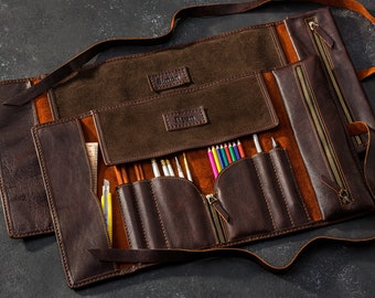 Rouleau à outils de voyage, organiseur de fournitures artistiques, pochette en cuir personnalisée pour oeuvre d'art, rouleau de peinture, cadeaux pour artistes, étui pour fournitures artistiques adulte