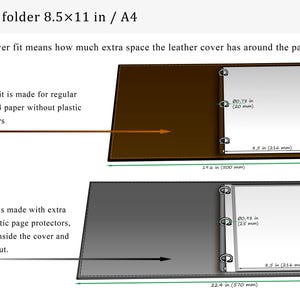 May include: A brown and a gray leather folder with three-ring binders. The diagram shows a standard fit for 8.5 x 11 inch paper and a larger fit for plastic page protectors, with dimensions labeled in inches and millimeters for both folder sizes.