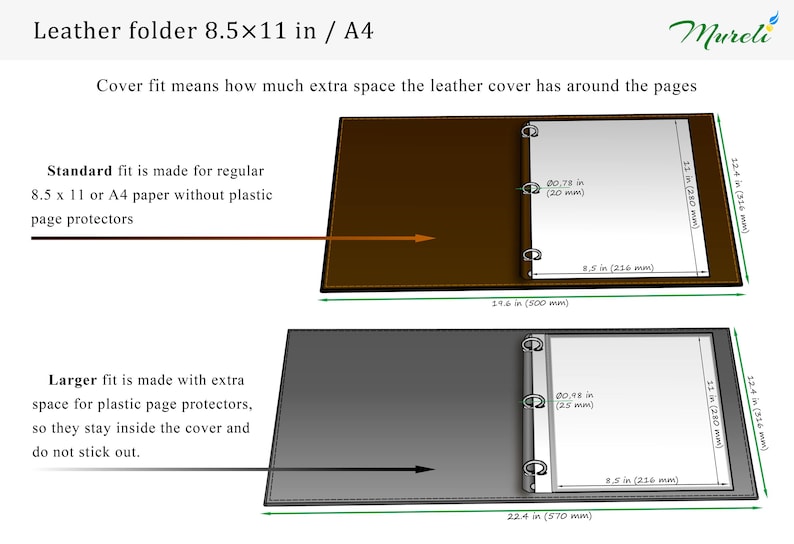 May include: A brown and a gray leather folder with three-ring binders. The diagram shows a standard fit for 8.5 x 11 inch paper and a larger fit for plastic page protectors, with dimensions labeled in inches and millimeters for both folder sizes.