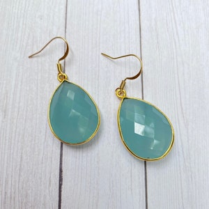 Chalcedony Mint Green Faceted Teardrop Earrings Gold Finish Bezel