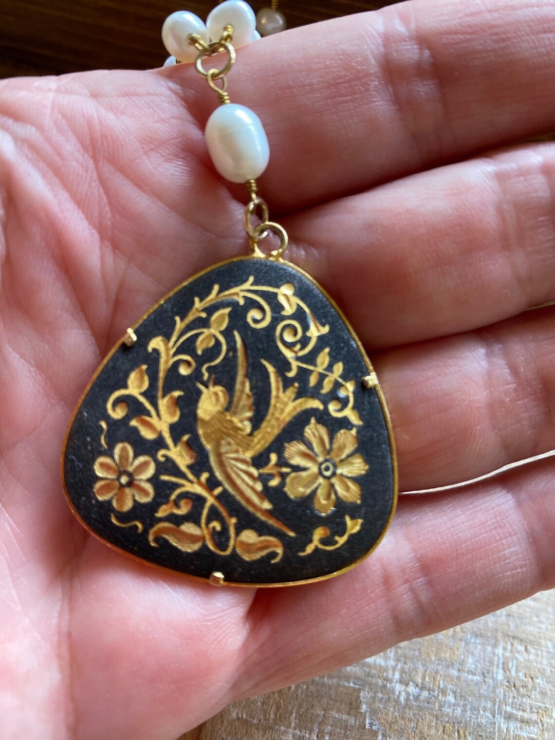 Bird pendant vintage Toledo/Spanish gold damascene on white Etsy