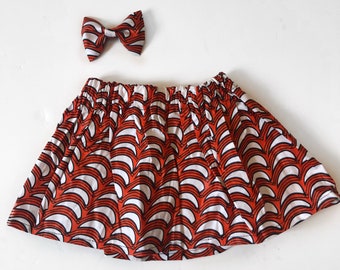 Ankara Orange and White Swirl African Print Winter Baby Girl Skirt and Bow Set