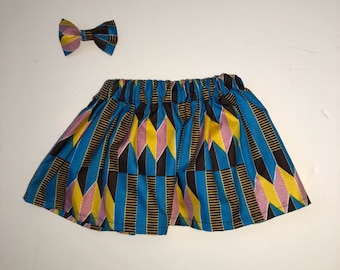 African Kente Print Blue, Yellow and Brown Circle Baby Girl Skirt and Bow Set