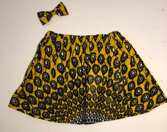 Bright Ankara Summer Yellow Teardrop Pattern African Print Girl Skirt and Bow