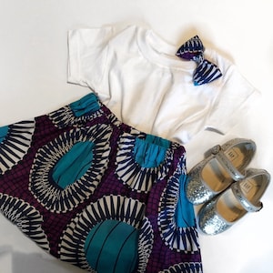 African Ankara Skirt Royal Purple and Blue Geometric Print Skirt and Bow Set