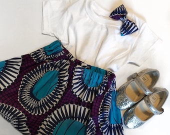 African Ankara Skirt Royal Purple and Blue Geometric Print Skirt and Bow Set