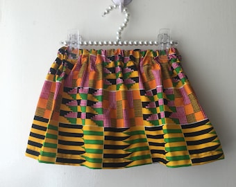 Bright Summer African Kente Red, Yellow, Black and Green Print Girl Skirt and Bow