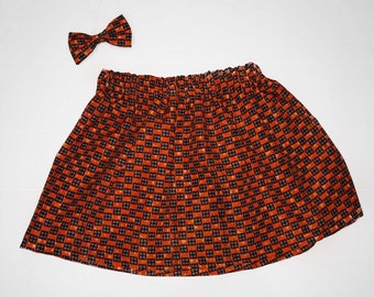 Ankara Small Square Pattern Brown amd Orange African Print Girl Skirt and Bow