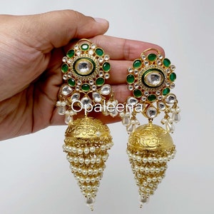 Kashmiri jhumka earrings with emeralds & polki clearance