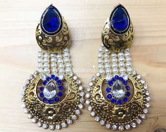 Gold Earrings Gold Dangle Earring Pearl Earrings Gold Blue Jewelry Blue Jewelry Antique Earrings Christmas Gift Wedding Gift Indian Weddings