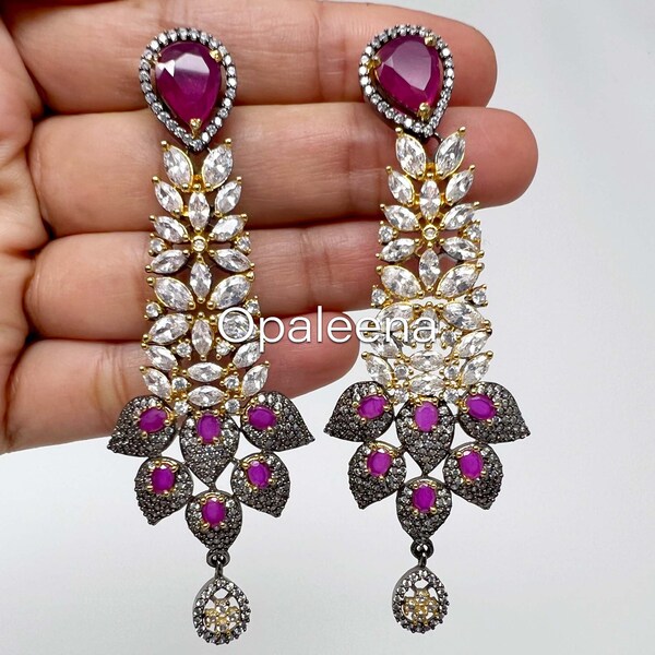 Luxury cubic zircon earrings Ruby flower earrings gift for mum Punjabi earrings white zircon earrings Leaf Shape earring ruby dangle drops