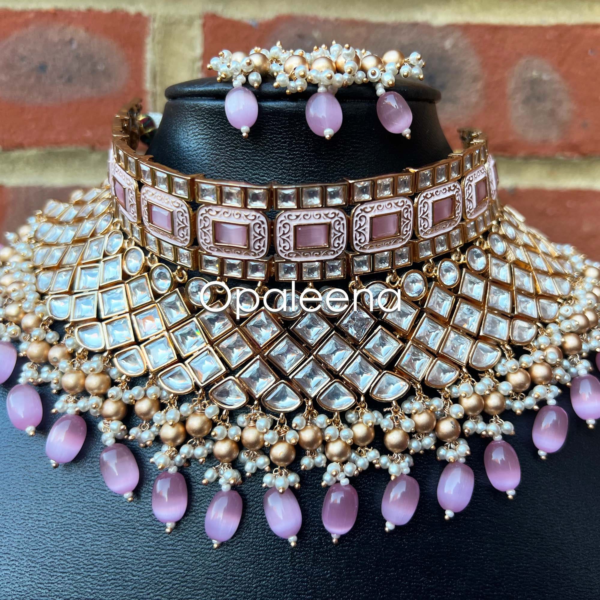 Pink - Handmade Fabart Choker Necklace Set with Kundan & Beads 04