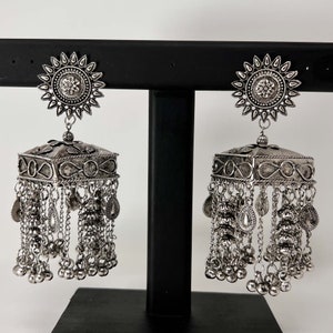 Stylish long German silver jhumki trendy chic silver oxidized Jhumka Afghani oxidised German Silver jewellry antique silver earring