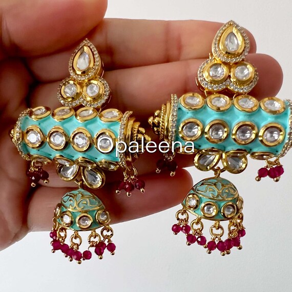 Blue Meenakari Earrings Polki Kundan Jadau Style Earrings Aqua