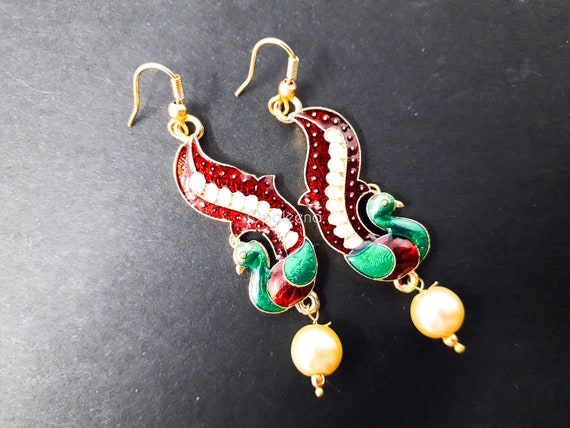 Indian Earrings Pakistani Jewelry Antique Jewellery Valentines Day Gift Silver-Plated /& Blue Handcrafted Peacock Shaped Drop Earrings