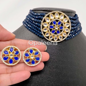sapphire blue necklace sapphire necklace blue stone sapphire kundan polki choker Blue beaded necklace Indian party jewelry bridal jewelry uk