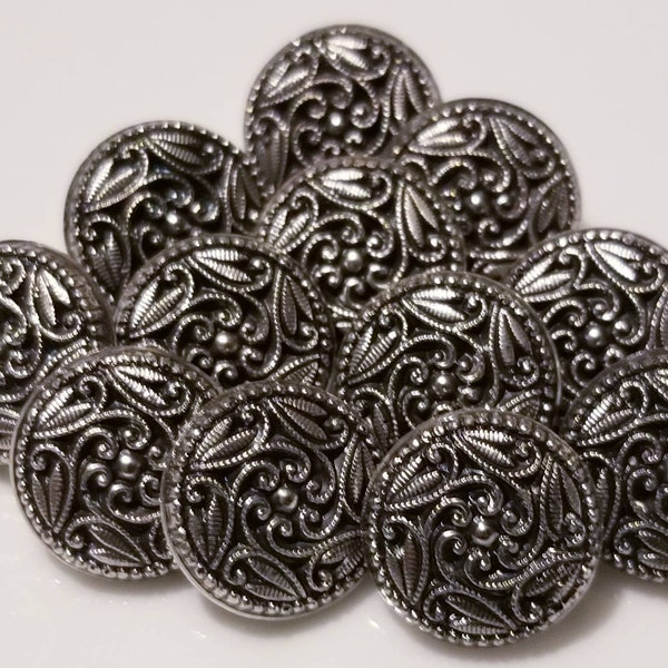 12 Silver Metallic Floral Round Shank Buttons, size 14mm, 22 ligne, 9/16", beautiful design, filigree buttons, metallic alloy